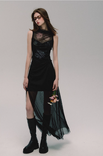 Black Elegant Mesh Slim Fit Slit Dress OAK0119