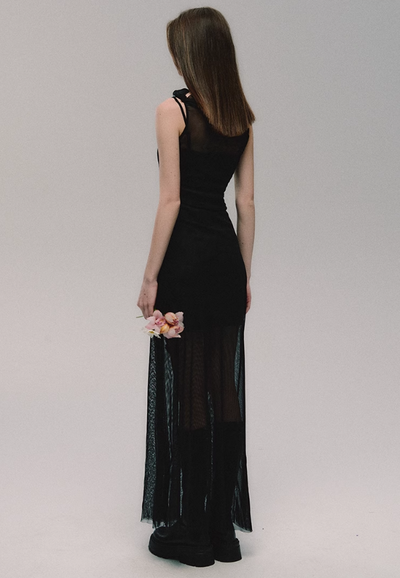 Black Elegant Mesh Slim Fit Slit Dress OAK0119
