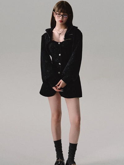 Black Jacquard Hooded Jacket/Suspender Dress OAK0130