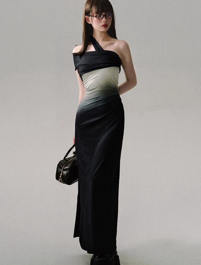 Black Gradient Oblique Shoulder Pleated Dress OAK0152