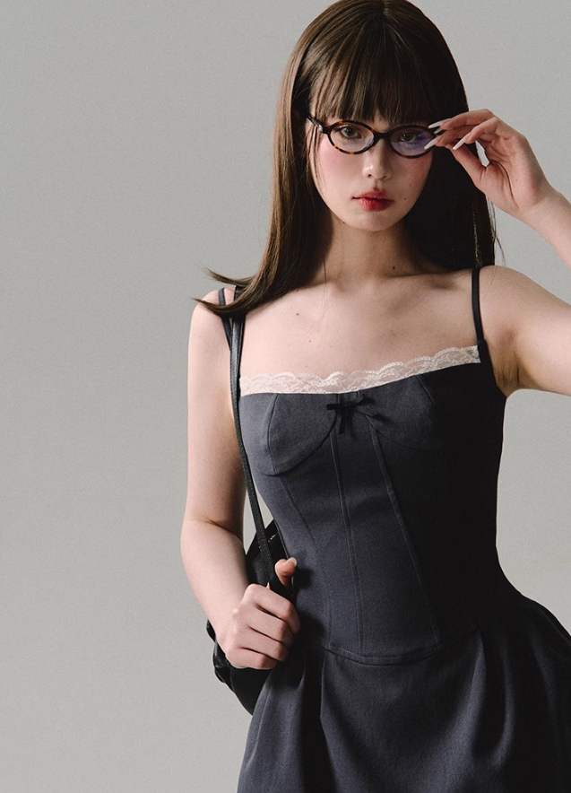 Gray Lace Suspender Waist A-Line Dress OAK0156