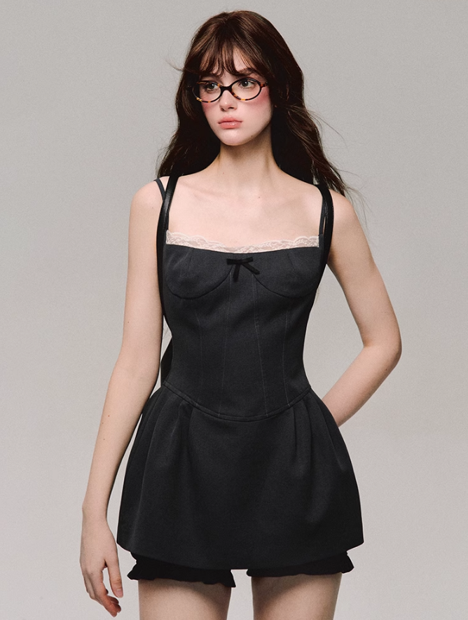 Gray Lace Suspender Waist A-Line Dress OAK0156