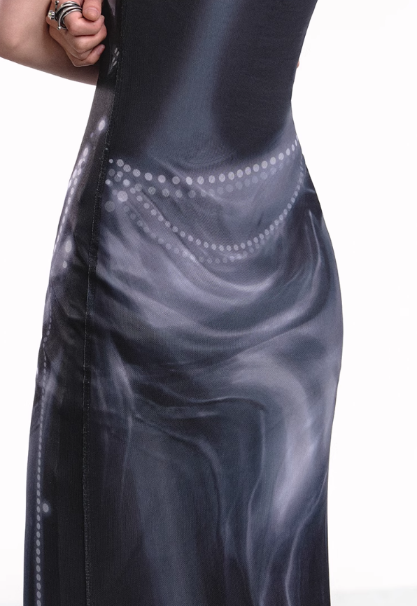 Wrap Twist Print Mesh Dress OFA0113
