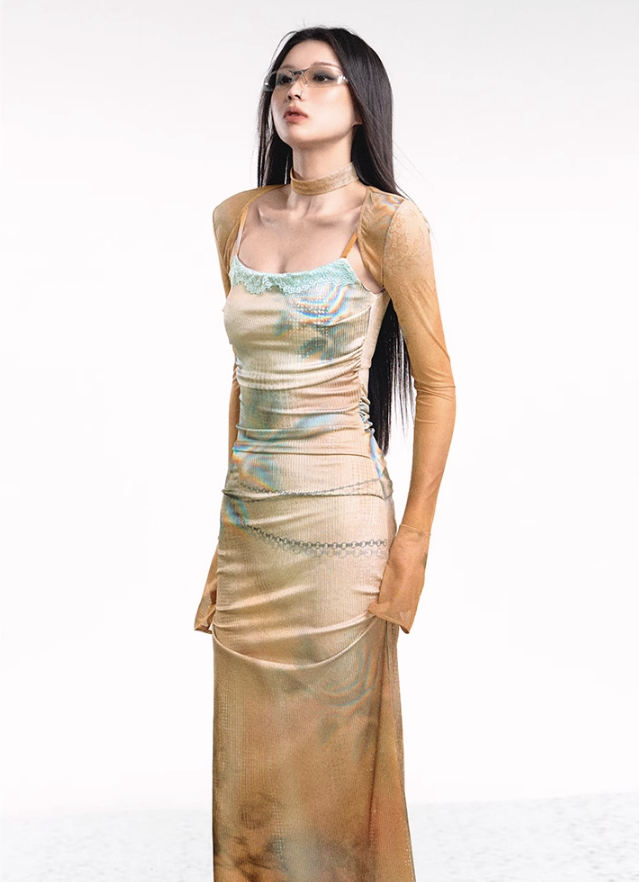 Contrasting Color Knitted Skin-friendly Dress/Shawl OFA0122