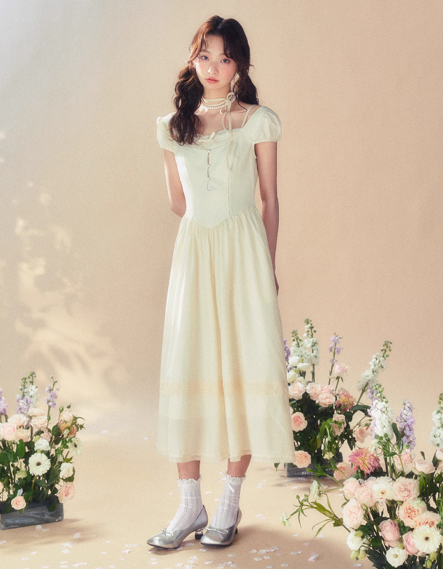 Puff Sleeve Lace Design A-line Dress SUN0051