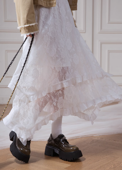 Elegant White Lace Irregular Hem Skirt COT0066