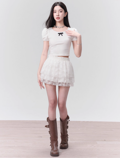 Vanilla Mousse Puff Sleeve Short Top/Lace Cake Skirt FRA0102