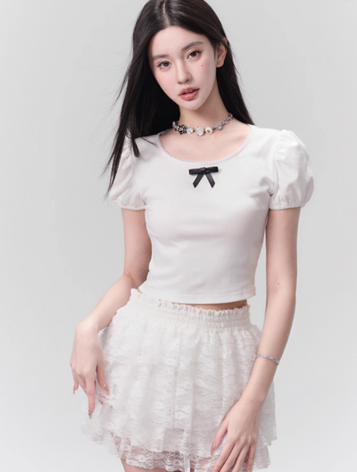 Vanilla Mousse Puff Sleeve Short Top/Lace Cake Skirt FRA0102