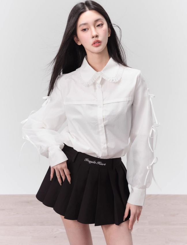 French Jacquard Pleated Suspender Dress/Bow Patchwork Shirt FRA0110