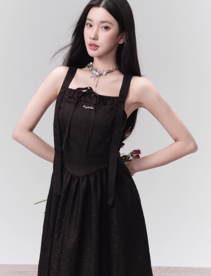 French Jacquard Pleated Suspender Dress/Bow Patchwork Shirt FRA0110