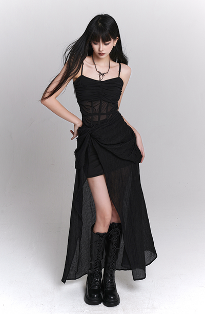 Waist see-through rolled skirt style camisole dress LAD0049