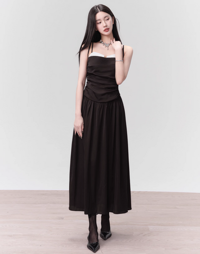 French Black Suspender Beautiful Pleated Dress FRA0116