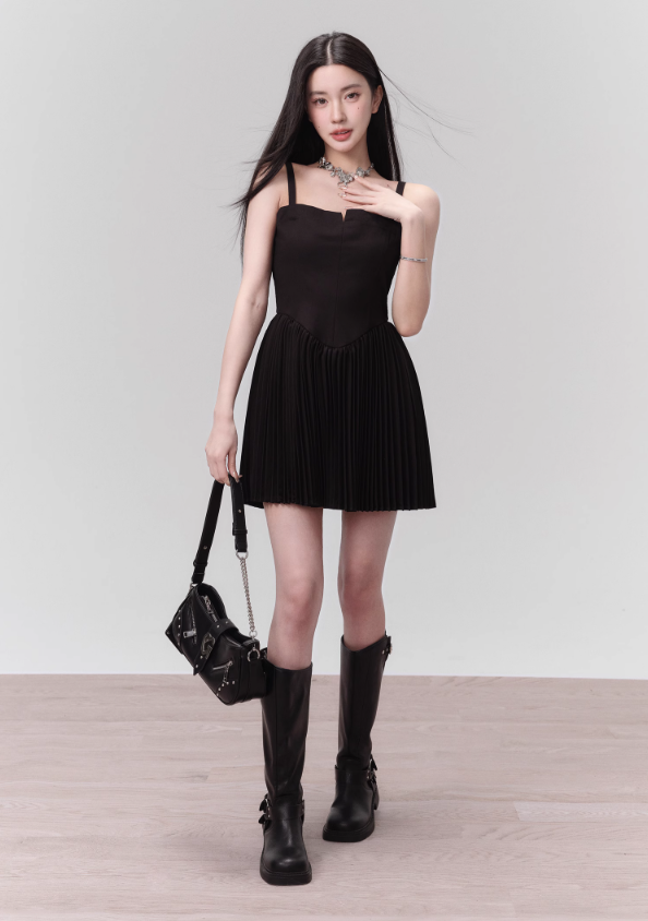 Silky Black French Sweet Pleated Dress FRA0120