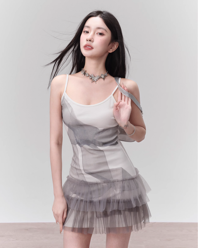 Pictorial Gray Bow Printed Mesh Suspender Dress FRA0123