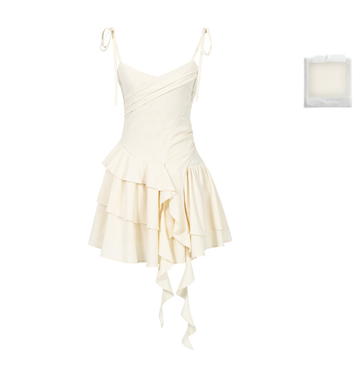 Ribbon Shoulder Strap Frilled Camisole Dress BBB0035