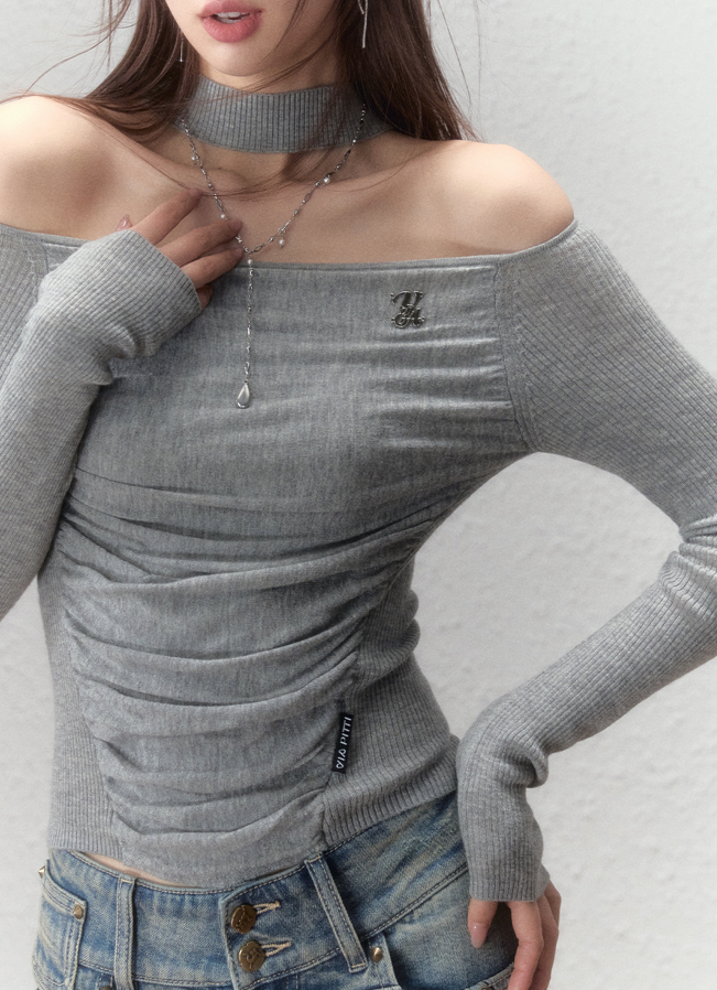 Off-the-shoulder wool blend choker neck slim knit top VIA0056