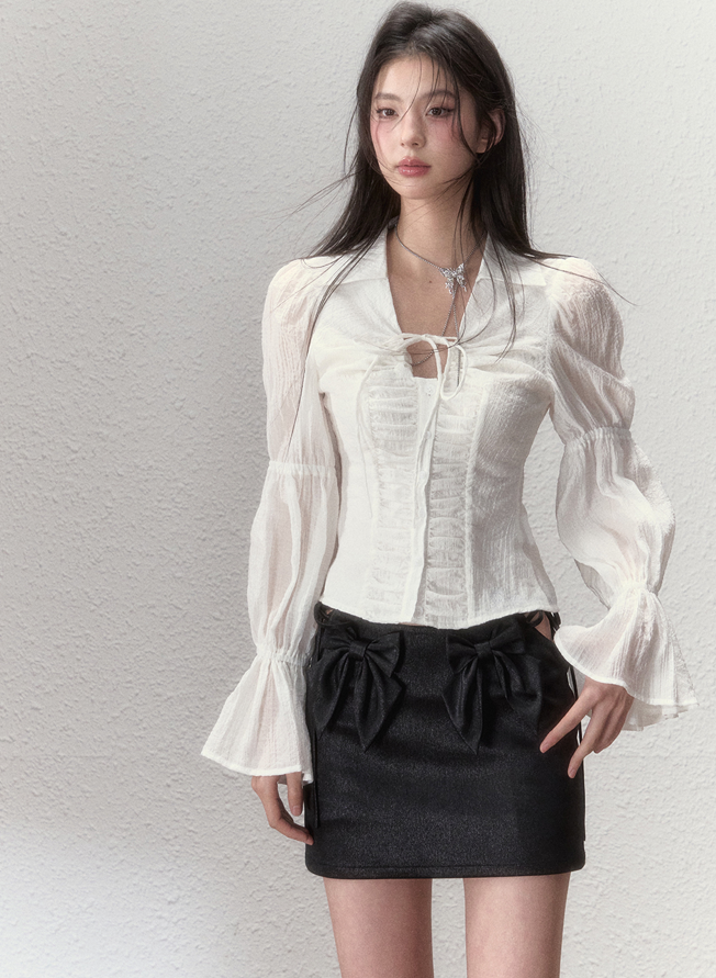 Double ribbon mini skirt & sleeve cut design long suit jacket VIA0061