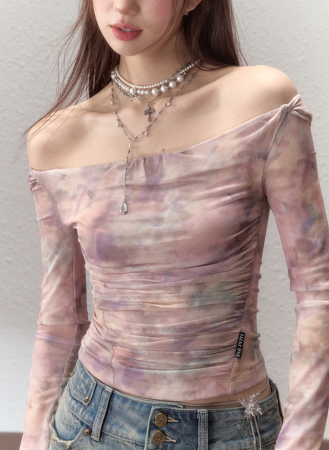 Off-Shoulder Floral Collar Waist Gather Slim Top VIA0062