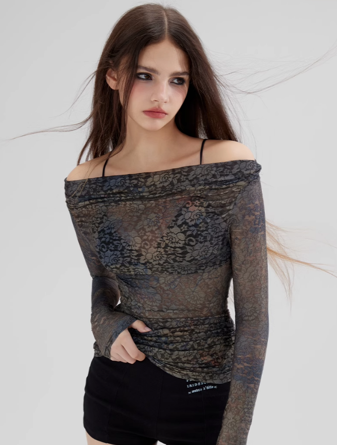 One-shoulder Stretch Lace Printed T-shirt WOO0084