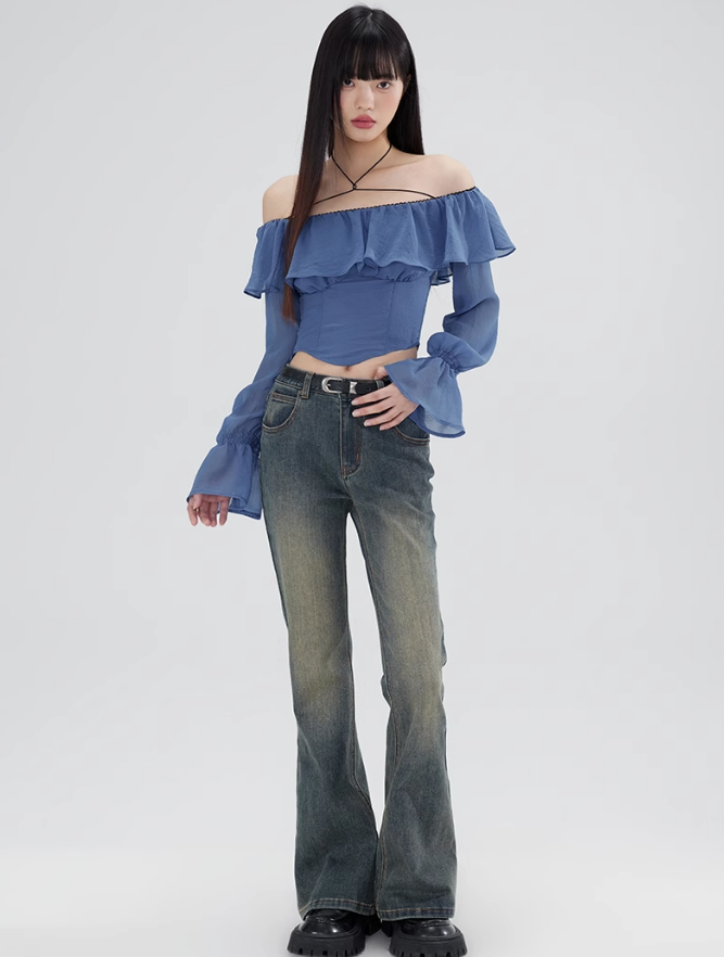 One-line Collar Lace Decorative Ruffled Chiffon Shirt WOO0085