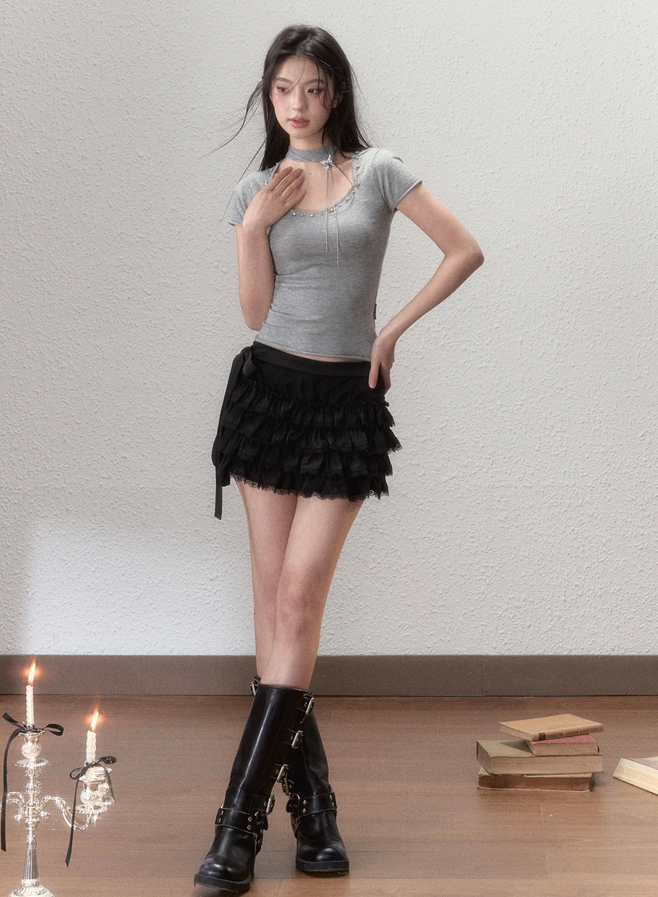 Frilled layered ribbon wrapped skirt & lace inner pants VIA0066