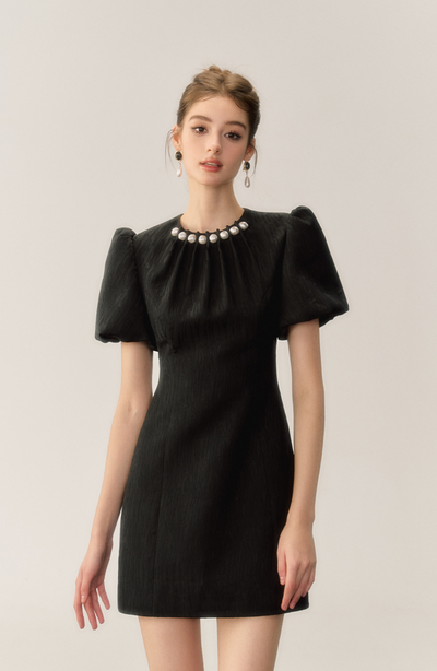 Puff Sleeve Pearl Collar Elegance Dress OSH0035