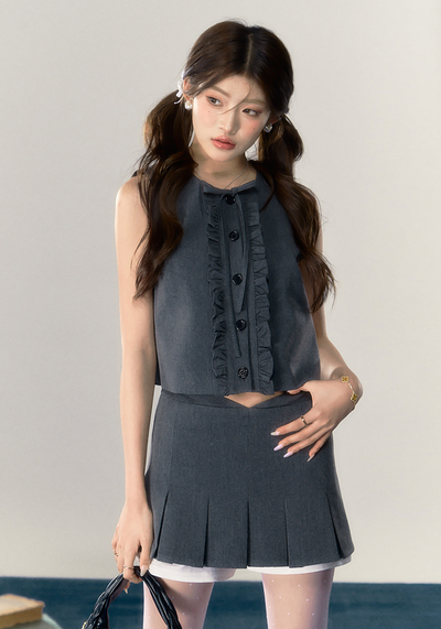 Ruffle button vest with attached ruffle neck blouse and pleated culotte pants QDQ0035