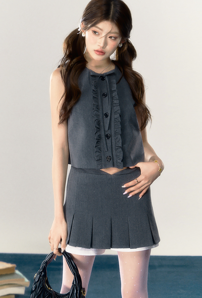 Ruffle button vest with attached ruffle neck blouse and pleated culotte pants QDQ0035