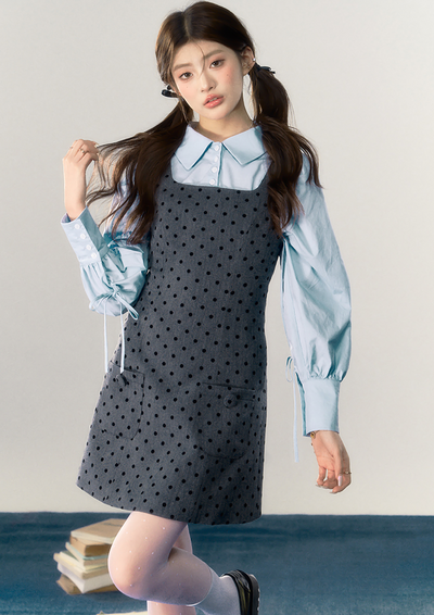 Suspender Pocket A-Line Dress & Ribbon Balloon Sleeve Shirt QDQ0036
