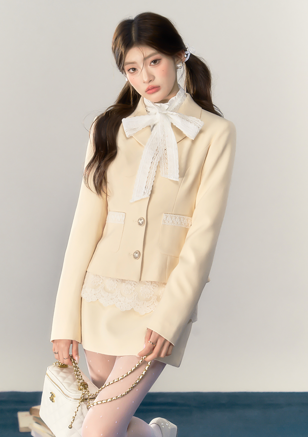 Lace pocket yellow suit jacket & lace mini skirt QDQ0038