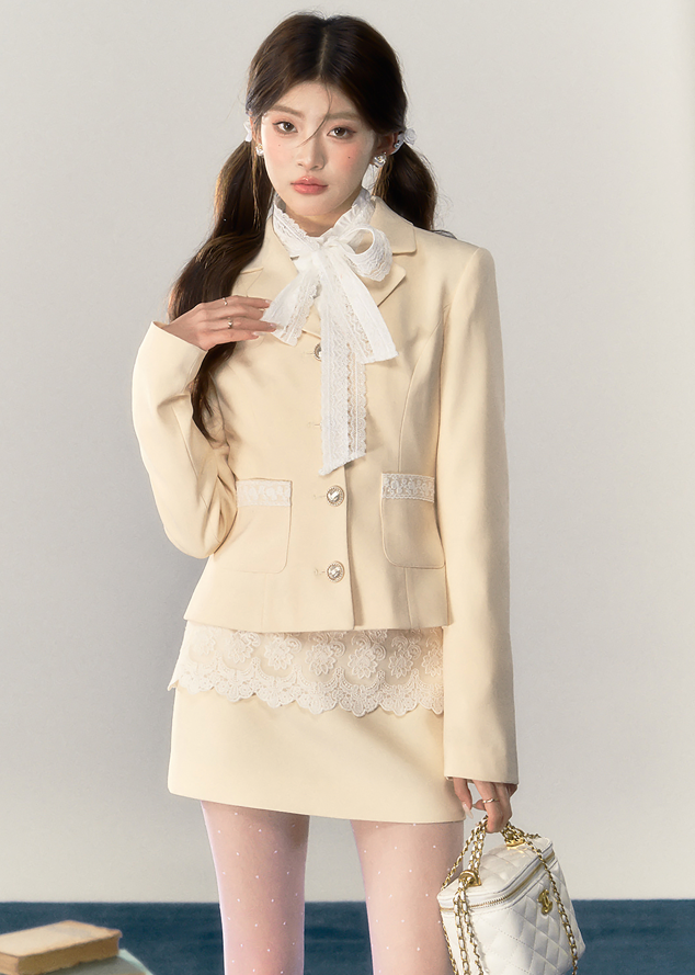 Lace pocket yellow suit jacket & lace mini skirt QDQ0038