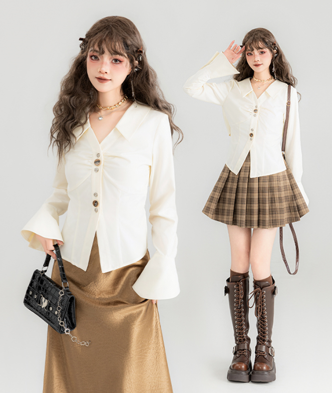 Oil Painting Style Suspender A-line Dress & White Shirt with Charm Collar & Flared Sleeve Blouse KEI0031