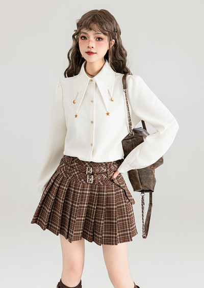 Oil Painting Style Suspender A-line Dress & White Shirt with Charm Collar & Flared Sleeve Blouse KEI0031