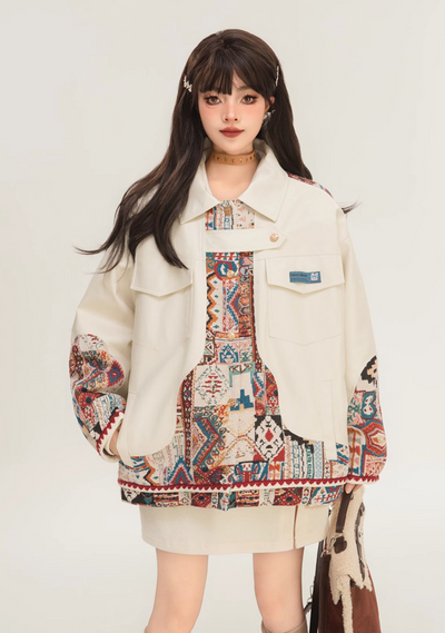 Exotic Pattern White Leather Jacket & Waist Belt Shirt Silhouette Dress KEI0033