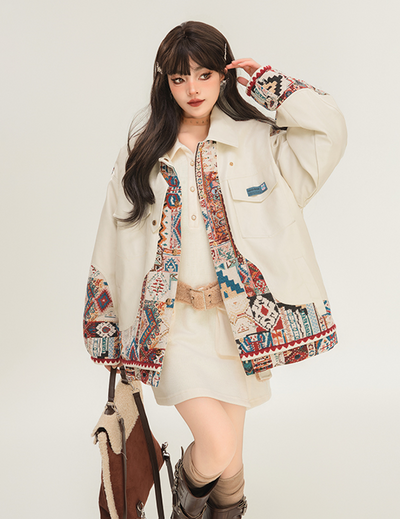 Exotic Pattern White Leather Jacket & Waist Belt Shirt Silhouette Dress KEI0033