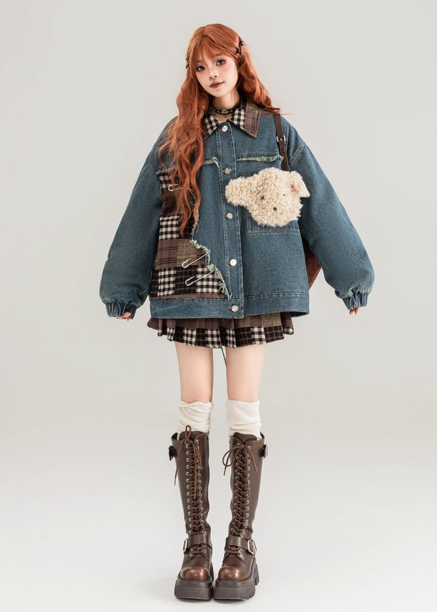 Patchwork denim jacket with fluffy baby bear & plaid pleated mini skirt KEI0035