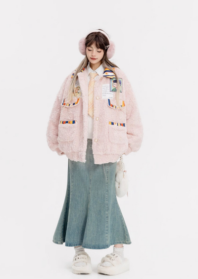 Warm Fabric & Denim Colorful Collar Loose Jacket KEI0036