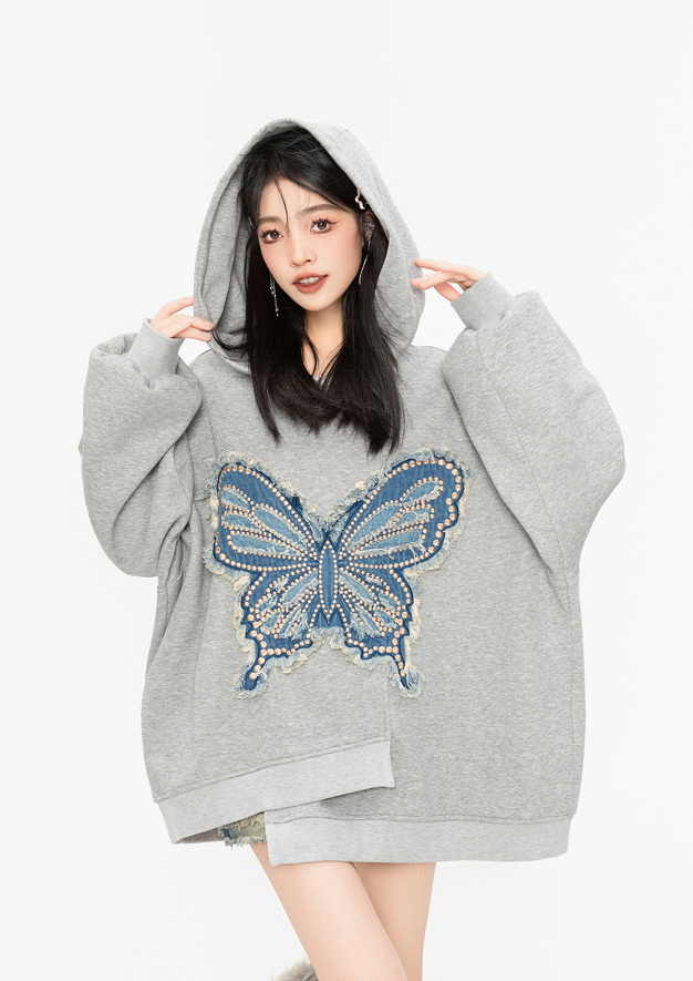Butterfly Embroidery Deformation Loose Hoodie Top KEI0040