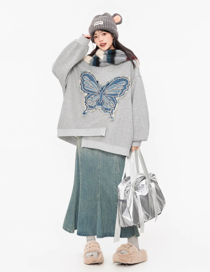 Butterfly Embroidery Deformation Loose Hoodie Top KEI0040 – Young