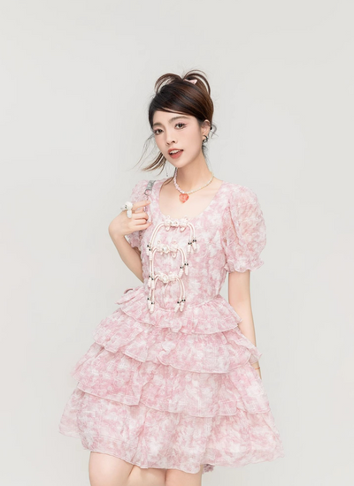Sakura Pink Floral Pattern Ruffle Layered Dress KEI0041