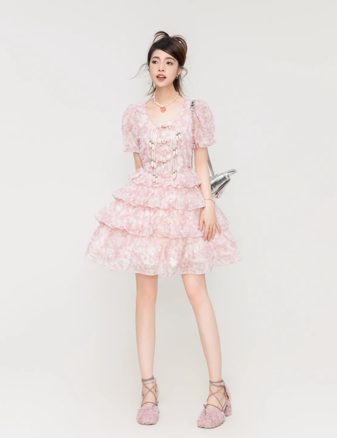 Sakura Pink Floral Pattern Ruffle Layered Dress KEI0041