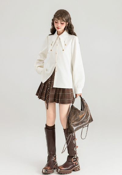 Star and moon charm white long-sleeved shirt & check Pattern Double Belt Pleated Miniskirt KEI0042