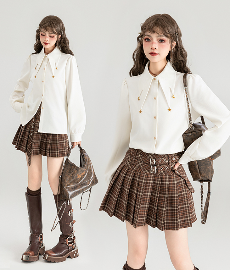 Star and moon charm white long-sleeved shirt & check Pattern Double Belt Pleated Miniskirt KEI0042