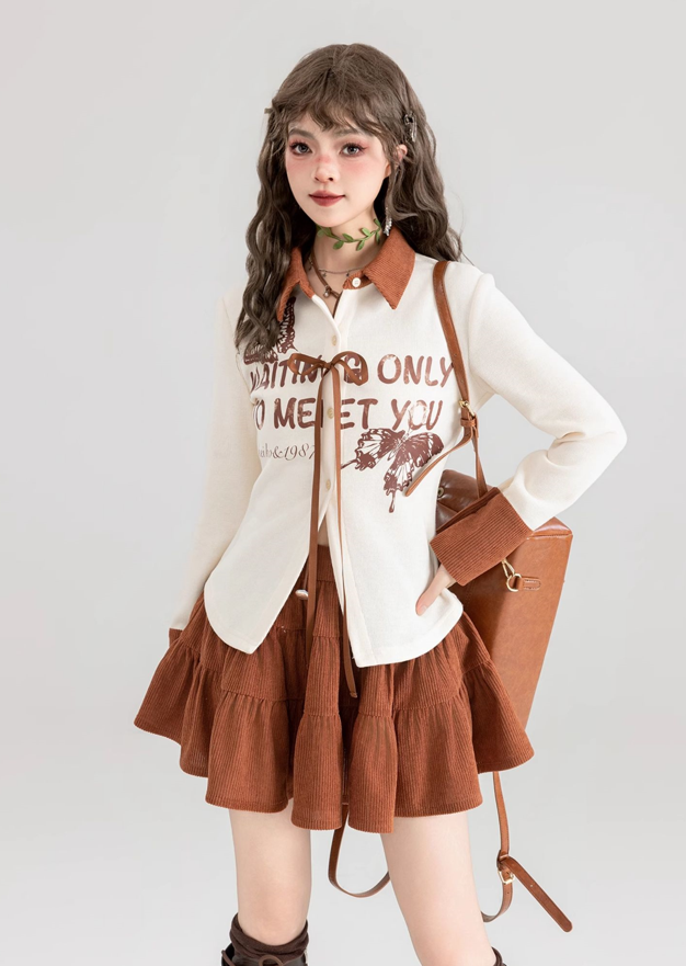American Letter Print Bicolor Shirt & Corduroy Ruffle Skirt KEI0043