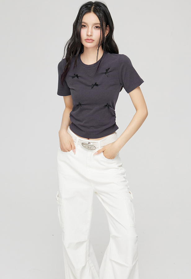 Short-sleeved slim T-shirt with small ribbons MAC0045