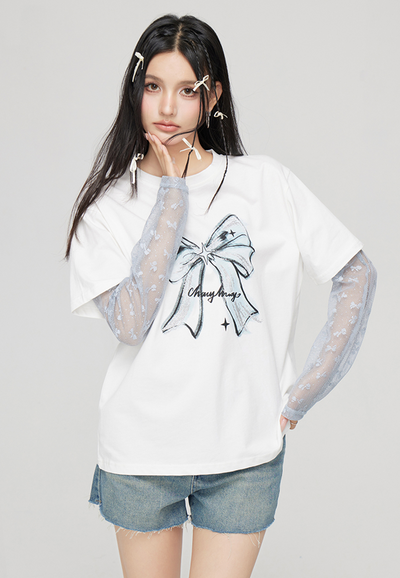 Layered T-shirt with see-through ribbon embroidered sleeves MAC0046