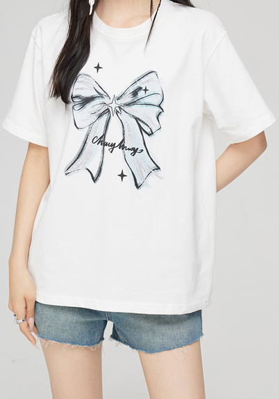 Layered T-shirt with see-through ribbon embroidered sleeves MAC0046