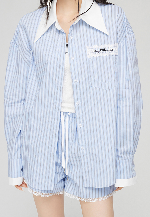Back Ribbon Stripe Shirt & Lace Hem Stripe Shorts MAC0050