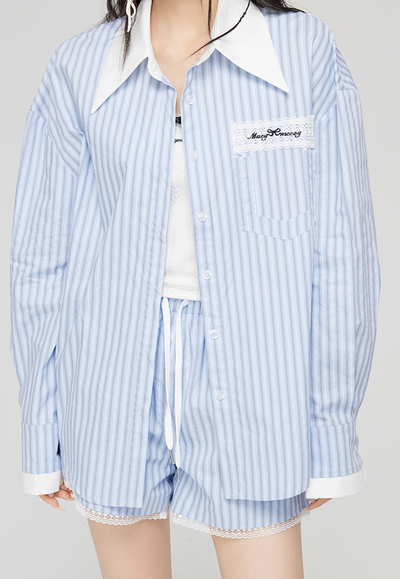 Back Ribbon Stripe Shirt & Lace Hem Stripe Shorts MAC0050