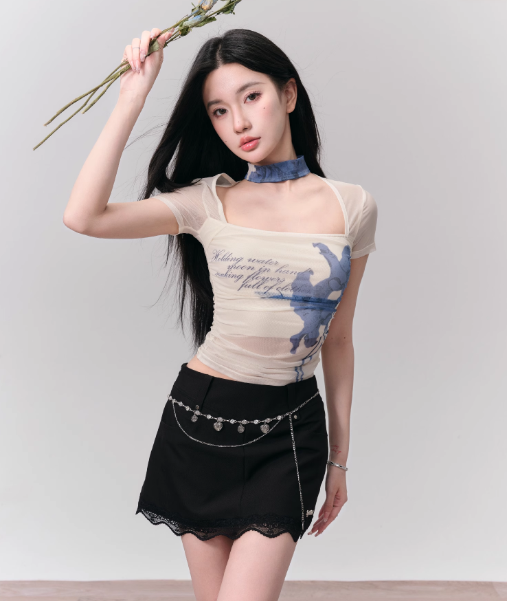 Pure Desire Printed Mesh Short Sleeve Slim T-shirt FRA0133